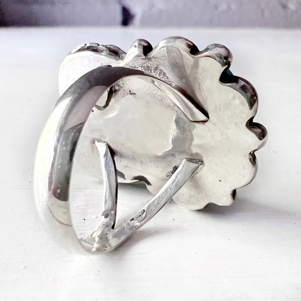 ✨ New Large ARTISAN Southwestern Turquoise & Coral Sterling Silver Ring USA Made